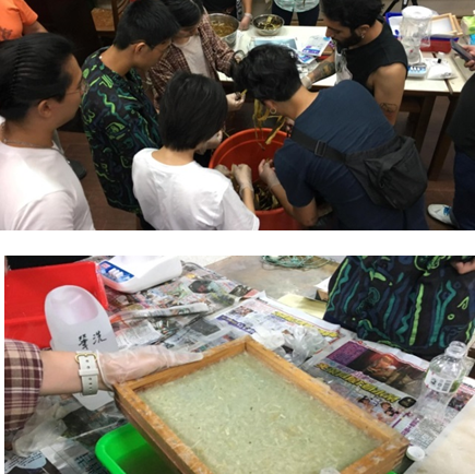 一串小米創辦人黃雅憶與趙聰義帶領進行台灣原生植物進行樹皮布與手抄紙張製作